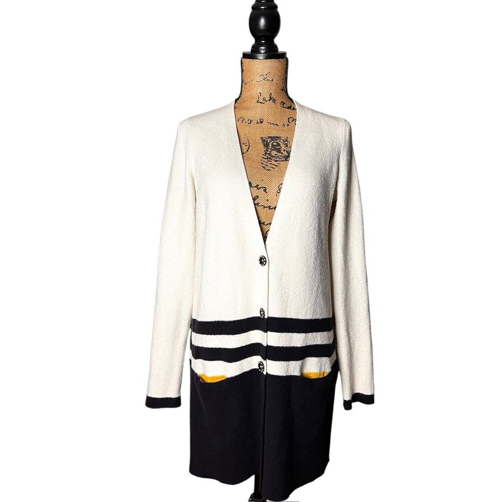ANTHROPOLOGIE ANGEL OF THE NORTH BLACK & IVORY KNIT CARDIGAN SWEATER S / SMALL